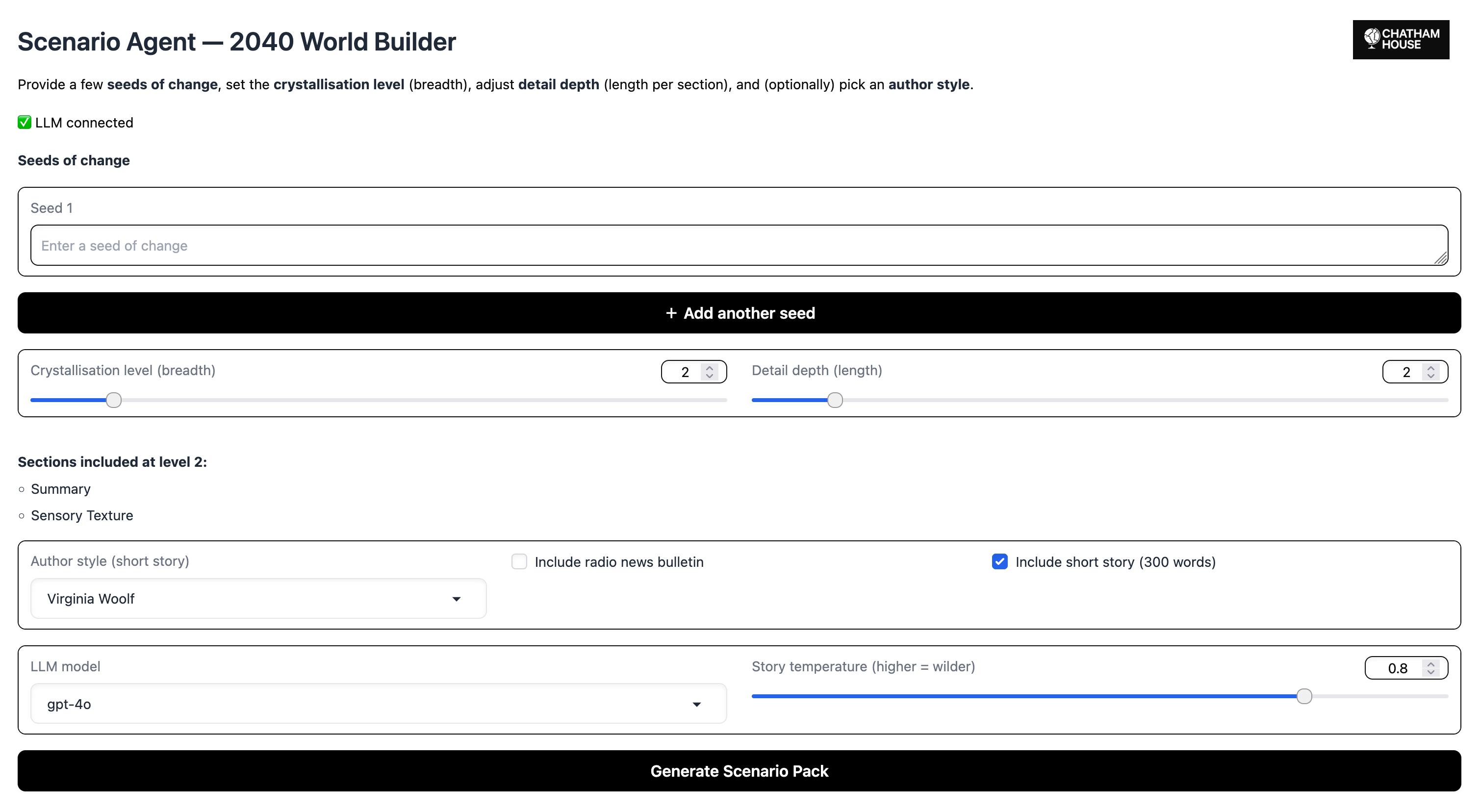 Scenario builder interface showing prompts and scenario settings.